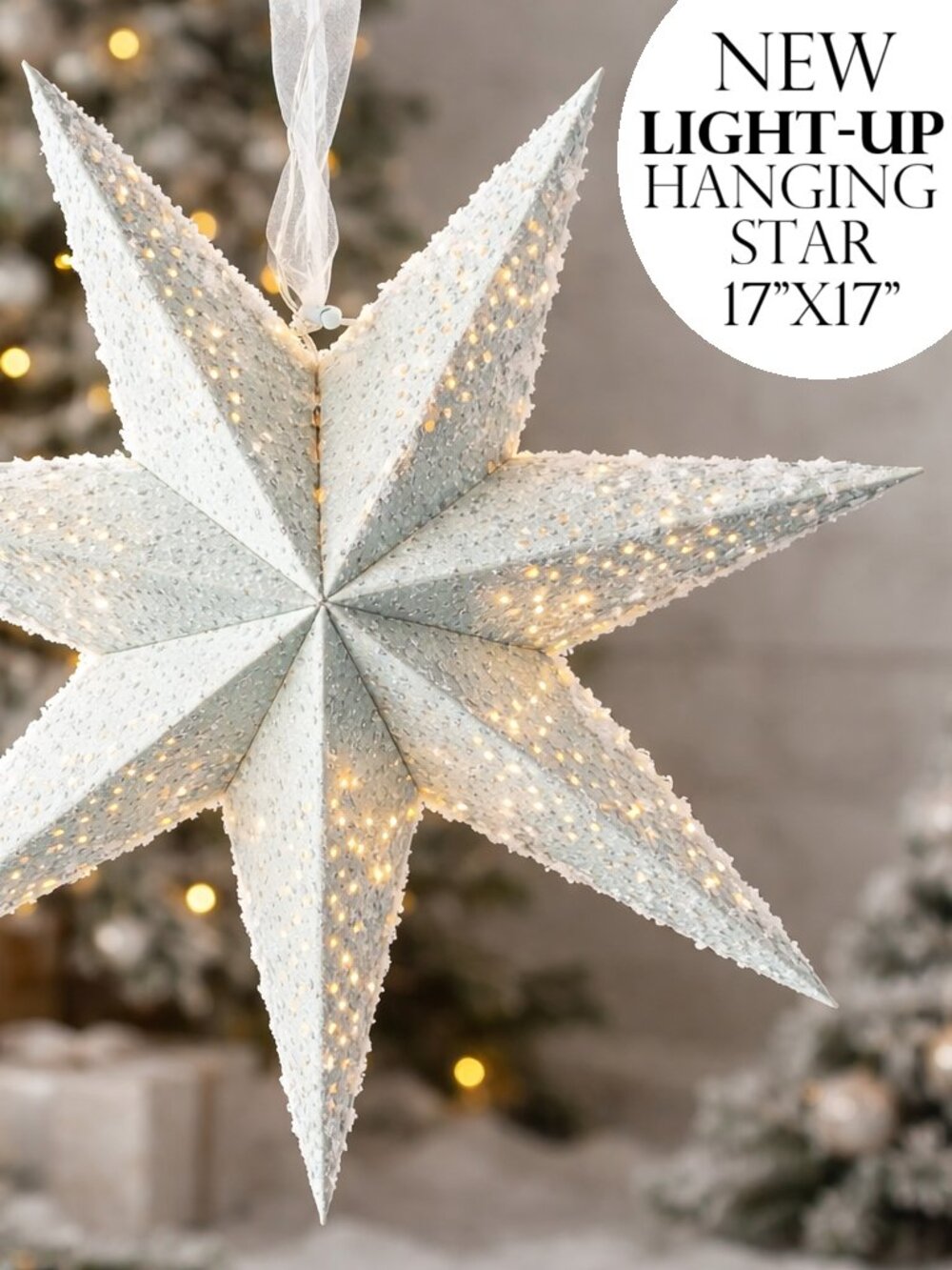 NEW Light Up Battery Operated Flocked Star Christmas Hanging Decoration Decor Ho